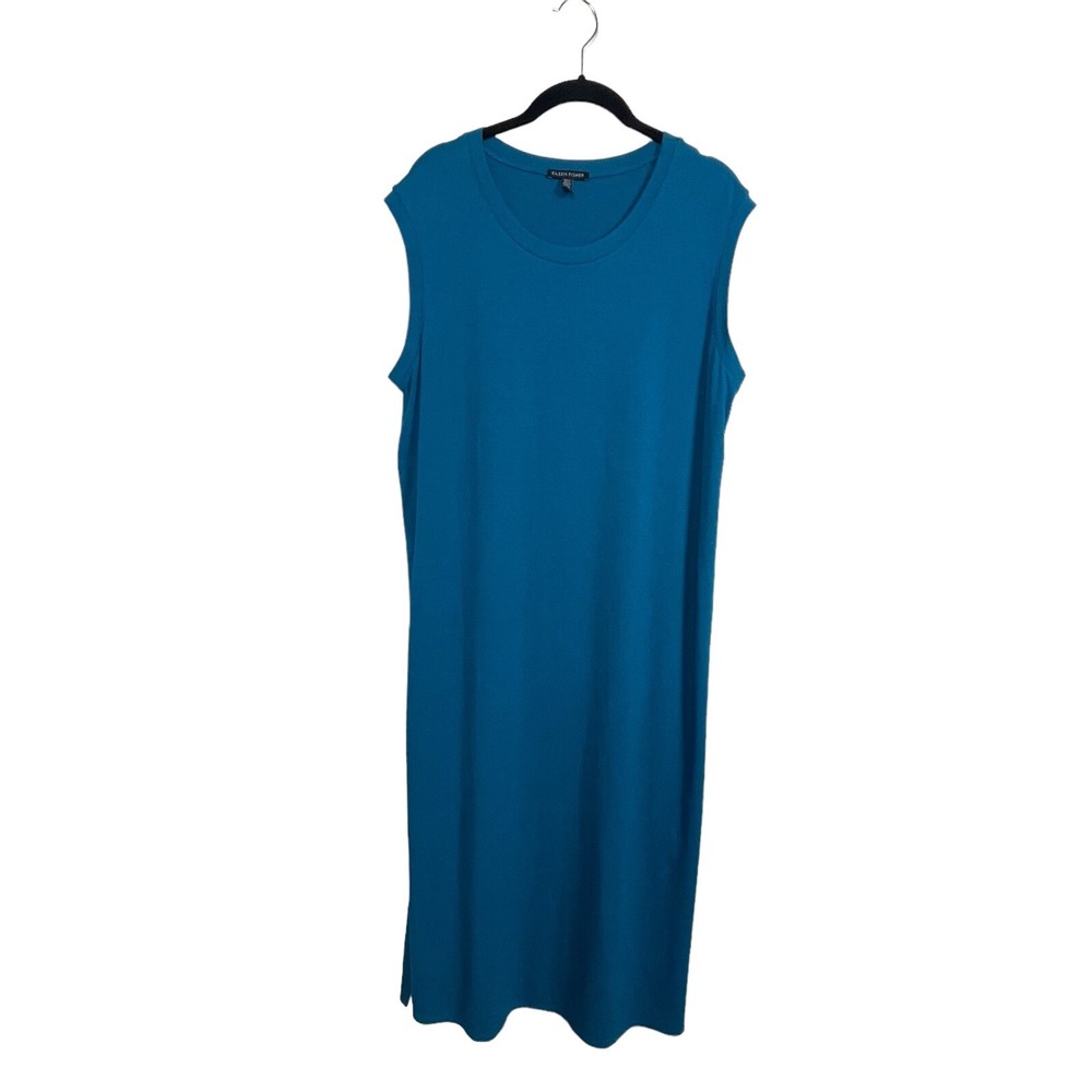 Eileen Fisher Sleeveless Sz M Midi Sheath Dress Teal Lagenlook Stretch Jersey